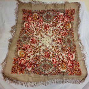 Vintage Russian floral fringe shawl scarf beige red